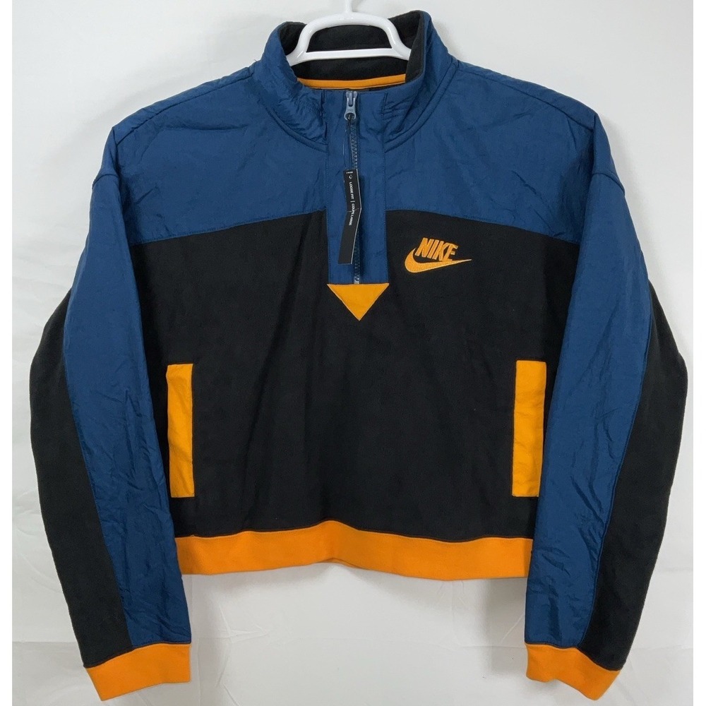 NWT Womens Nike Cropped Half Zip Pullover Fleece Jacket Black Blue Orange Medium